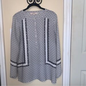 𝅺LOFT Black and White Floral Partial Button Tunic Women’s Puff Sleeve Size Small